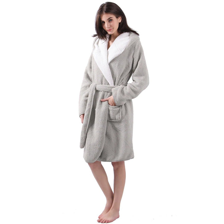 Bambury Reversible Sherpa Soft Plush Hooded Bath Robe Silver/White